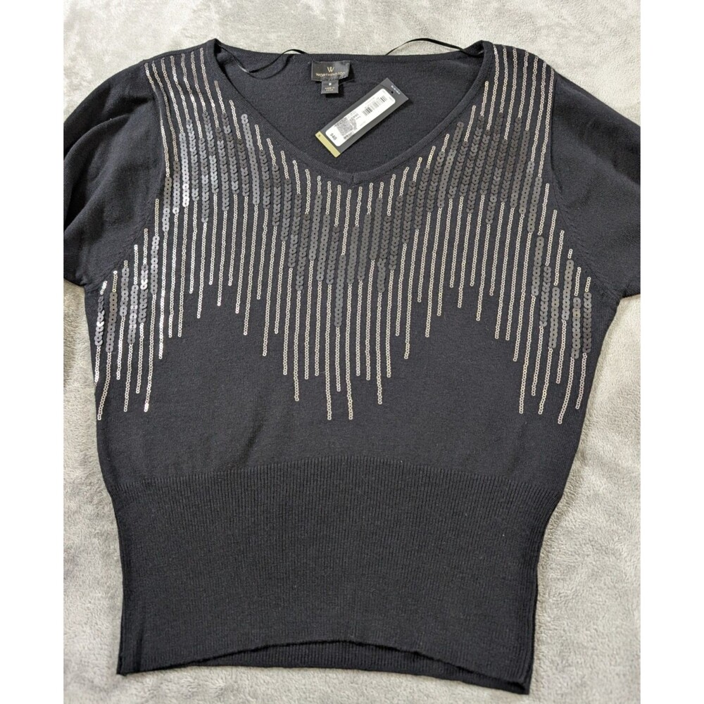 Worthington Top Womens S Black Sequin Knit Long Sleeve Pullover Party Holiday - Picture 6 of 9